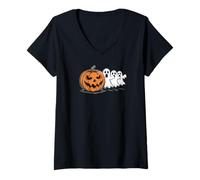 Femme Design d'halloween avec Citrouille et Trois fantômes T-Shirt avec Col en V