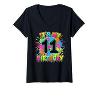 Femme Design éclaboussures de Peinture pour 11e Anniversaire pour Enfants Filles garçons 11 Ans T-Shirt avec Col en V