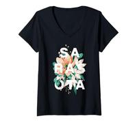 Femme Design Floral de Sarasota, Floride, Sarasota Beach, Floride T-Shirt avec Col en V