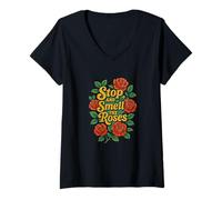 Femme Design Floral « Stop and Smell The Roses » T-Shirt avec Col en V