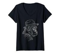 Femme Design Gorille Cool avec Chapeau Fedora T-Shirt avec Col en V
