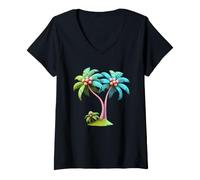 Femme Design Graphique stylisé de l'île aux cocotiers T-Shirt avec Col en V