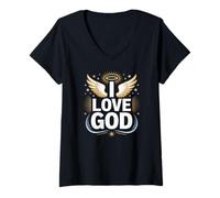 Femme Design Halo Divin « I Love God Angelic Wings » T-Shirt avec Col en V