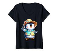 Femme Design Happy Penguin Tropical Getaway T-Shirt avec Col en V