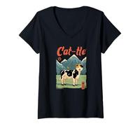 Femme Design Hybride Amusant pour Chat et Vache T-Shirt avec Col en V