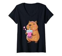 Femme Design Kawaii de Capybara Amateur de Bubble Tea Fille Enfant T-Shirt avec Col en V