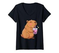 Femme Design Kawaii de Capybara Amateur de Bubble Tea Fille Enfant T-Shirt avec Col en V