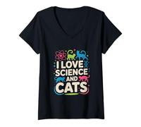 Femme Design Mignon « I Love Science and Cats » T-Shirt avec Col en V
