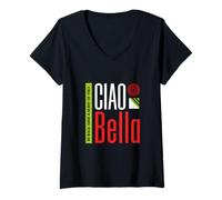 Femme Design Minimaliste à Rayures Italiennes Verticales Ciao Bella T-Shirt avec Col en V