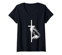 Femme Design minimaliste de Jésus divin, cadeau d'art chrétien sacré T-Shirt avec Col en V