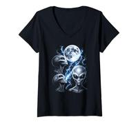 Femme Design Monochrome Alien UFO Greys Full Moon Storm Space T-Shirt avec Col en V