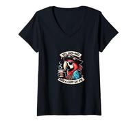 Femme Design Pirate Amusant avec Inscription « Yo Ho Ho & A Cup of Joe » T-Shirt avec Col en V
