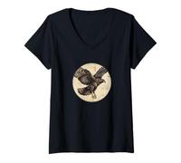 Femme Design rétro coloré Noir Hawk-Eagle Bird T-Shirt avec Col en V