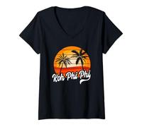 Femme Design rétro Koh Phi Phi Coucher de Soleil Palmiers Vintage Voyage T-Shirt avec Col en V