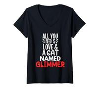Femme Design Scintillant avec nom de Chat - Tout ce Dont Vous Avez Besoin, C'est l'amour T-Shirt avec Col en V