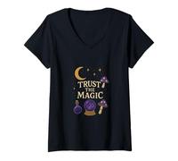 Femme Design Vintage Mystique avec Lune, étoiles et Boule de Cristal T-Shirt avec Col en V