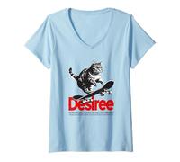Femme DESIREE - Joli nom de fille avec un chat & un skateboard T-Shirt avec Col en V