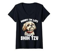 Femme Désolé, je suis en retard, j'ai vu un amoureux des chiens mignon de Shih Tzu T-Shirt avec Col en V