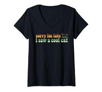 Femme Désolé, Je suis en Retard, J'Ai vu Un Chat Cool Retro Groovy Cat Sillhouette T-Shirt avec Col en V