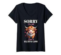Femme Désolé, Je suis en Retard, J'Ai vu Une Vache Moelleuse, Un éleveur de Vaches des Highlands Amusant T-Shirt avec Col en V