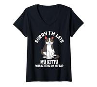 Femme Désolé, Je suis en Retard, Mon Chat était Assis sur Mes Genoux, Amoureux des Chats T-Shirt avec Col en V