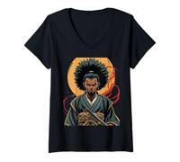 Femme Dessin animé Afro-américain de samouraï, Guerrier Bushido Japonais T-Shirt avec Col en V