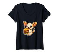 Femme Dessin animé Chihuahua Burger Big Bite T-Shirt avec Col en V