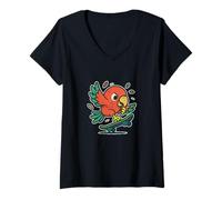 Femme Dessin animé coloré rétro Parrot Skate T-Shirt avec Col en V