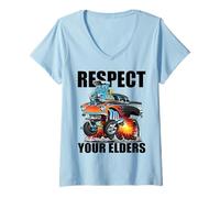 Femme Dessin animé de Muscle Car Classique Hot Rod Respect Your Elders T-Shirt avec Col en V