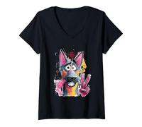 Femme Dessin animé Dog Peace Graffiti Pop Character Graphic Art Sign T-Shirt avec Col en V