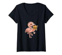 Femme Dessin animé Flamingo Burger Love T-Shirt avec Col en V