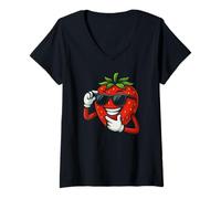 Femme Dessin animé Fraise Cool drôle avec Lunettes de Soleil T-Shirt avec Col en V