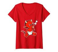 Femme Dessin animé Little Devil Demon Smoking T-Shirt avec Col en V, Rouge, L