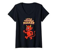 Femme Dessin animé Little Trouble Maker Devil T-Shirt avec Col en V
