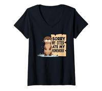 Femme Dessin animé Loutre de mer a mangé Mes devoirs T-Shirt avec Col en V