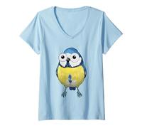 Femme Dessin animé Oiseau mésange Bleue aux Gros Yeux T-Shirt avec Col en V