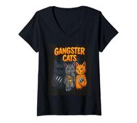 Femme Dessin animé Street Style Gangster Cats T-Shirt avec Col en V