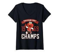 Femme Dessin animé Universitaire Sesame Street Squad Elmo Baseball Champion T-Shirt avec Col en V