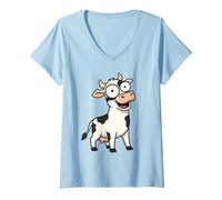 Femme Dessin animé Vache laitière avec de Grands Yeux et Un Sourire drôle T-Shirt avec Col en V