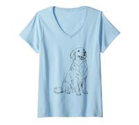 Femme Dessin au Trait consacré à l'adoration du Golden Retriever T-Shirt avec Col en V
