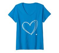 Femme Dessin cœur avec cœur Blanc dessiné à la Main Période d'amour T-Shirt avec Col en V, Saphir, S