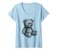 Femme Dessin d'art Noir et Blanc Ours en Peluche T-Shirt avec Col en V