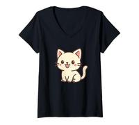 Femme Dessin de Chat Kawaii Idiot. Illustration d'animaux Mignons. T-Shirt avec Col en V