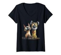 Femme Dessin de Croquis Mignon de Chat et de Chien T-Shirt avec Col en V