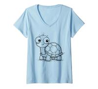 Femme Dessin de Dessin Mignon bébé Tortue dessiné à la Main T-Shirt avec Col en V