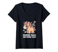Femme Dessin sentiers et Contes d'équitation Cheval Mignon Poney T-Shirt avec Col en V