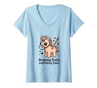 Femme Dessin sentiers et Contes d'équitation Cheval Mignon Poney T-Shirt avec Col en V