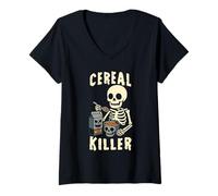 Femme Destructeur de céréales drôle Squelette Petit Budget Halloween T-Shirt avec Col en V