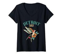 Femme Detroit Retro Ink 313 Bird - Design Tatouage Vintage T-Shirt avec Col en V