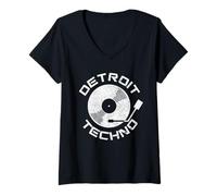 Femme Detroit Techno Disque Vinyle DJ Retro House Music Michigan T-Shirt avec Col en V